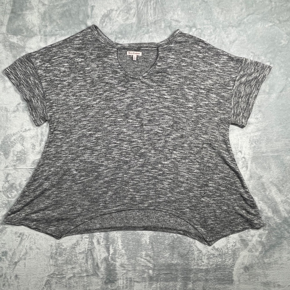 Juicy Couture V Neck Keyhole Short Sleeve Medium Grey Knit Top‎ Womens M